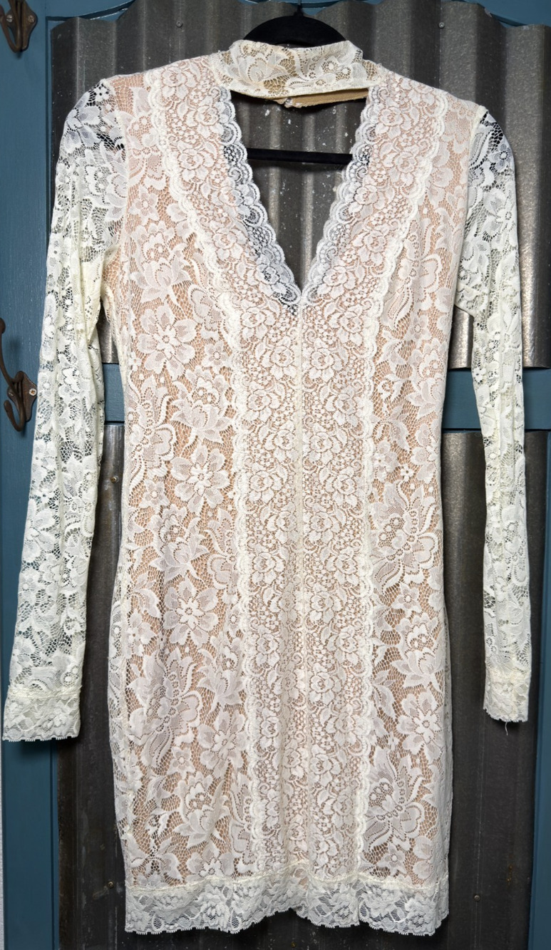 NWT Bebe Magnolia Frost #2 Lace Paneled Mock Neck Bodycon Mini Dress Medium